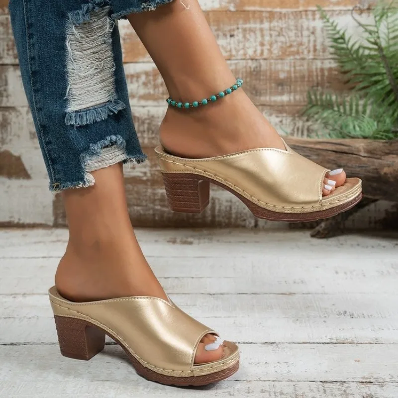 Women's Open-Toe High-Heel Slippers Summer New Fashion Outdoor Wear Slip-On Shoes 36-43 Sizes Polyurethane Upper Cushioning