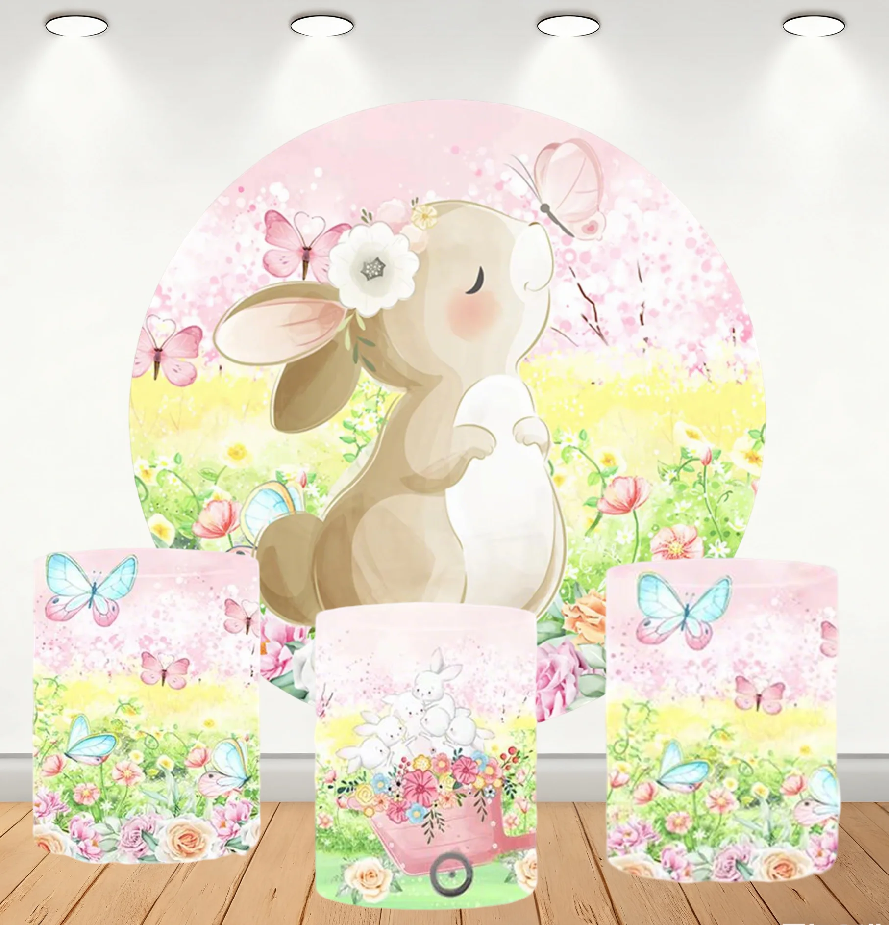 

Spring Flower Rabbit Round Background and Column Cover Butterflies Baby Girl Birthday Party Easter Party Decoration Photo Props