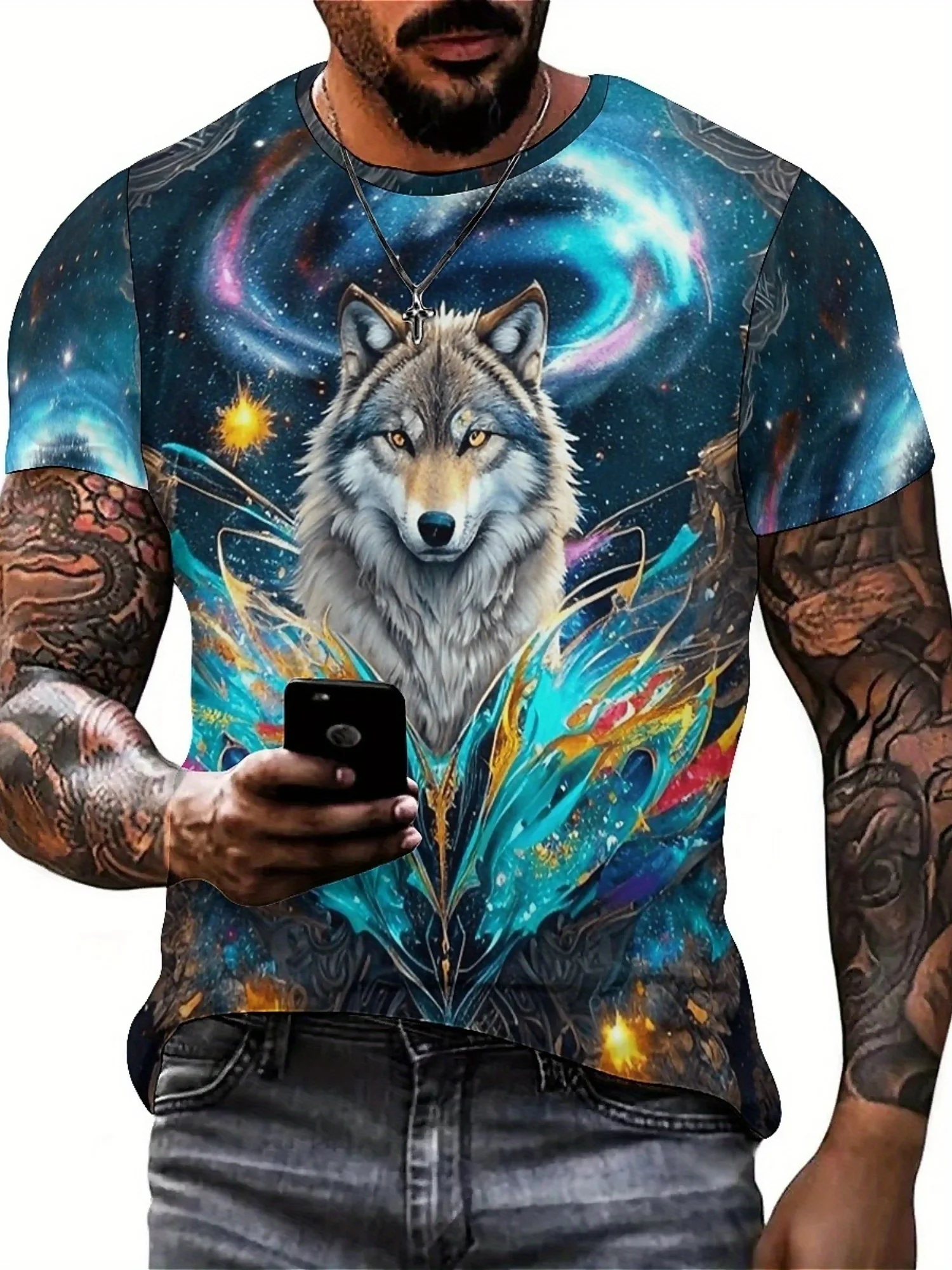 Camiseta de manga curta com estampa 3D de lobo legal e universo estrelado de fantasia, poliéster, macio e respirável