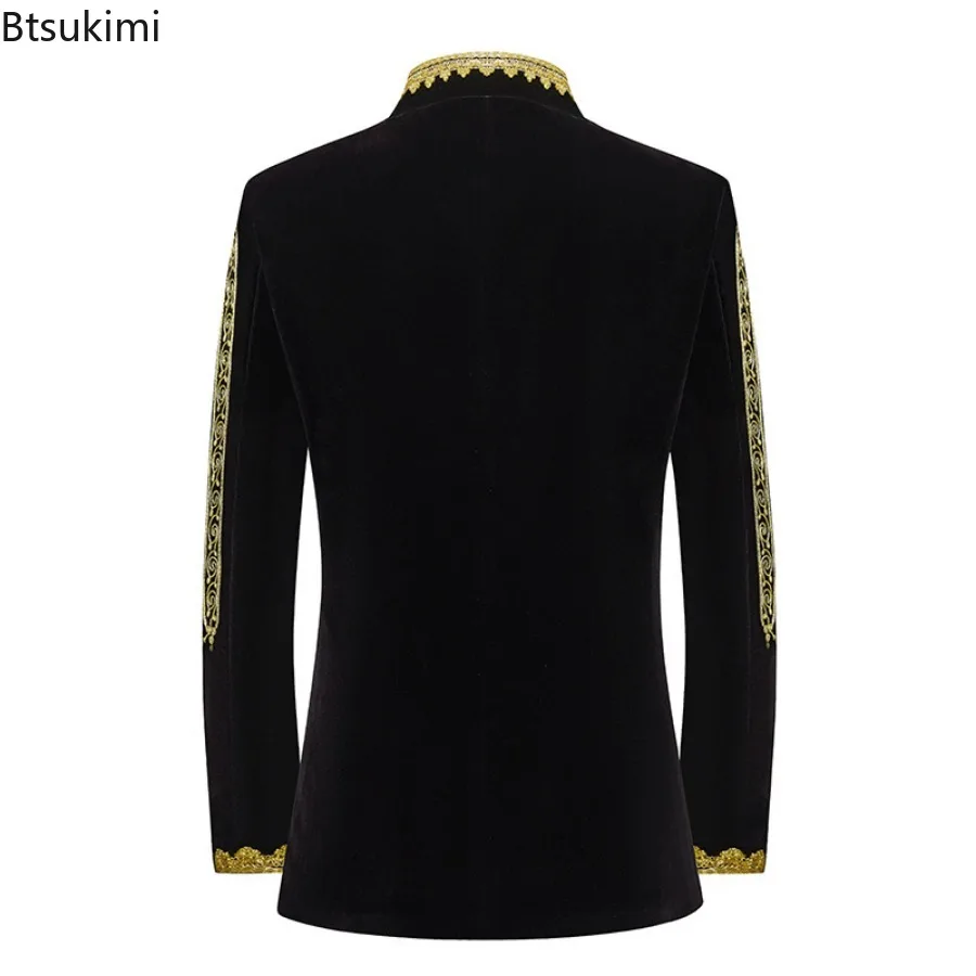 2026 Men's Luxury Embroidered Suit Jacket Slim Cardigan Coats Fashion Stand Collar Court Wedding Banquet Party Dress Tuxedo Male