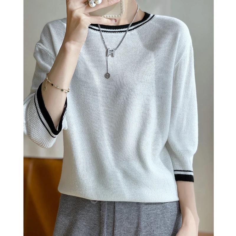 Women\'s T-shirt Summer Worsted Wool Sweater Half Sleeve Splicing Round Neck Ladies Tops Loose Blouse Basic Pullover Tees