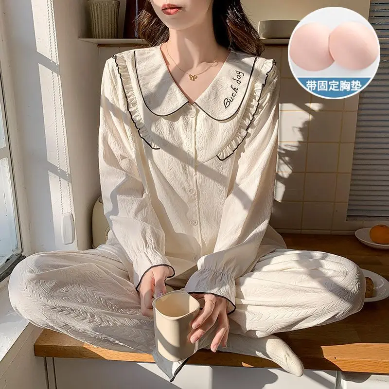 

Women's Doll Collar Sweet Pajamas with Chest Pad Spring Long Sleeves Sleepwear Korean Ins Loungewear Students Loose Home Clothes