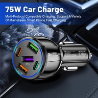 75W Car Charger USB Type C 5 Port PD Phone Charger Quick Charge 3.0 Fast Charging Power Adapter For iPhone Samsung Xiaomi Huawei