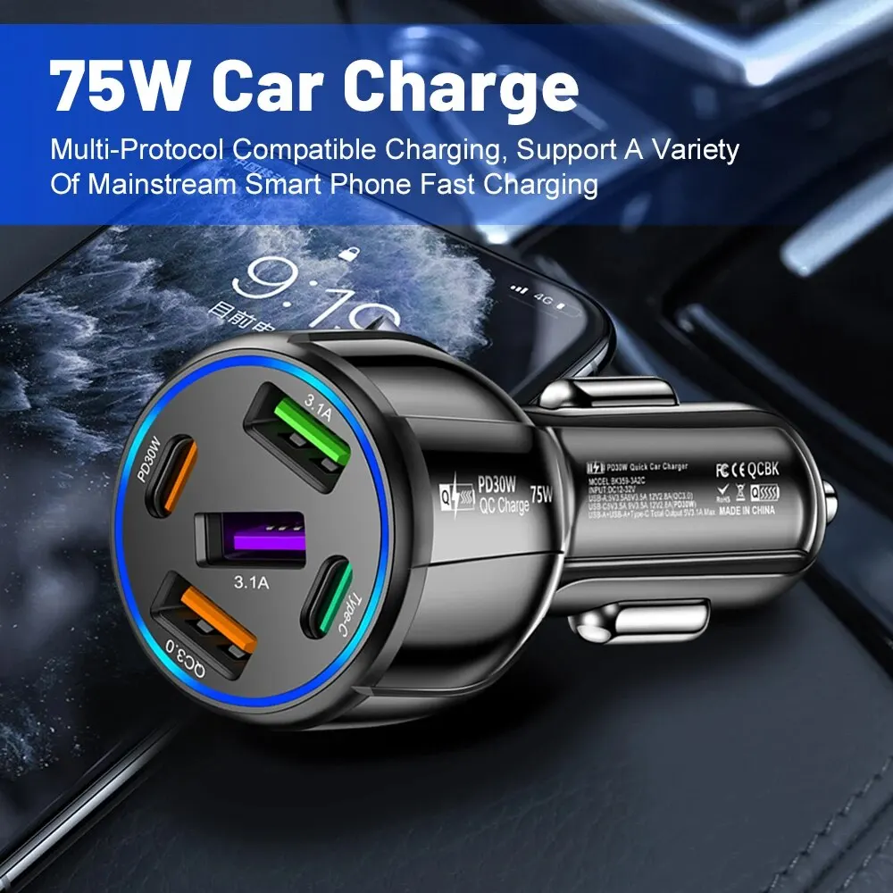 5 Port USB Type C Car Charger 75W PD Phone Charger Quick Charge 3.0 Fast Charging Power Adapter For iPhone Samsung Xiaomi Huawei