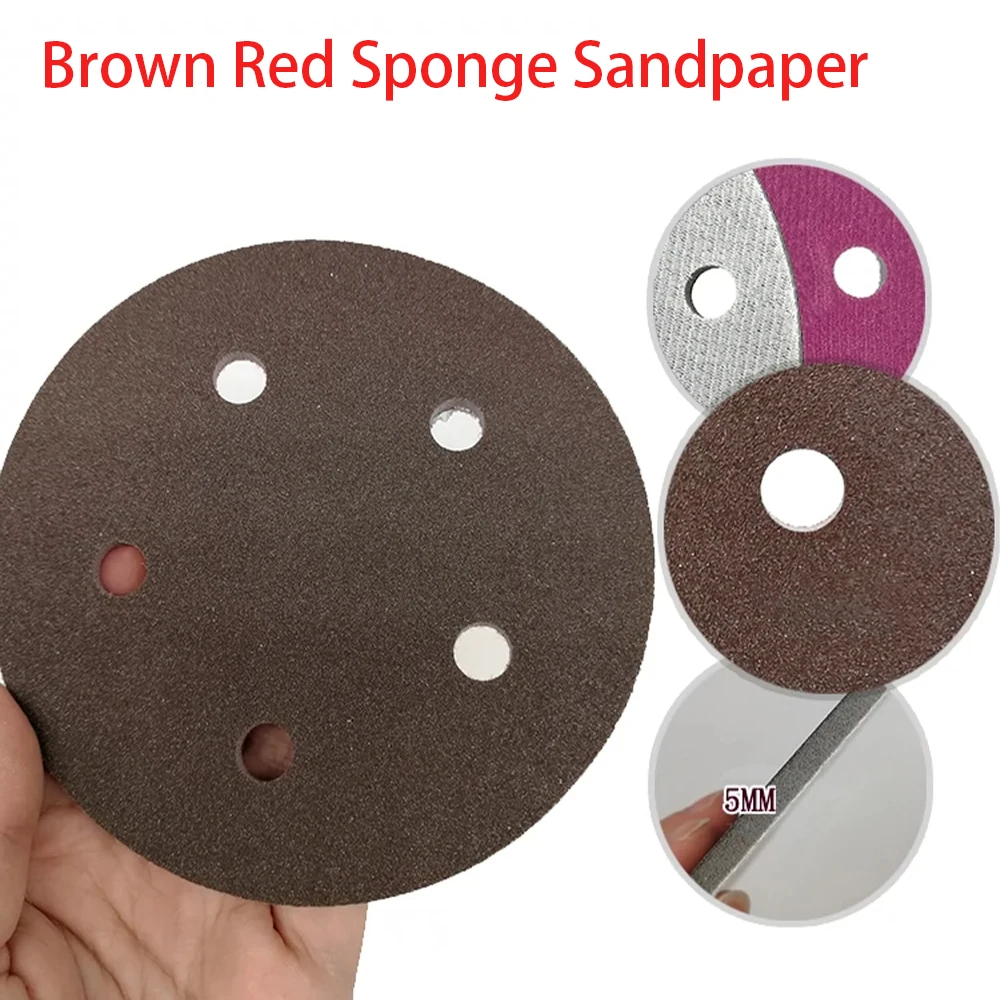 1-100Pcs 5” 125mm Wet Dry Dual-Use Sponge Sandpaper 300-2000 # 5-hole Circular Brown Red Sandpaper Metal Plastic Polishing Tool