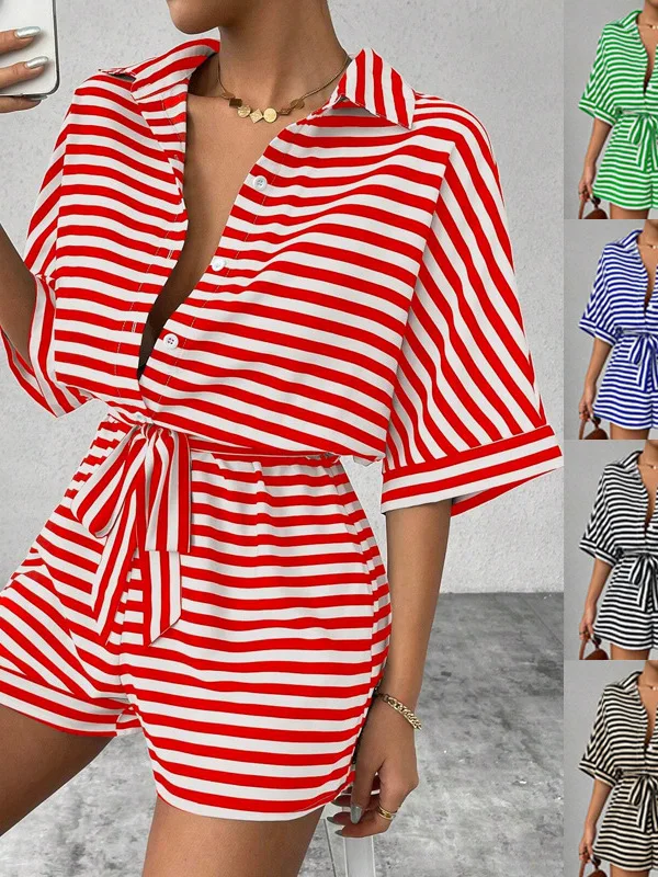 Conjunto de mono a rayas para mujer con cárdigan abierto ort Sve Diseño de cintura baja Tela de poliéster Sle original Corte recto