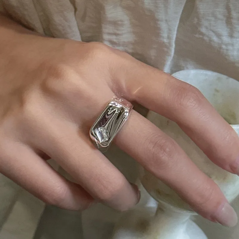 

S925 Sterling Silver Square Zircon Ring Korean Retro Fashion Niche Design Ring for Anniversary Simple Jewelry