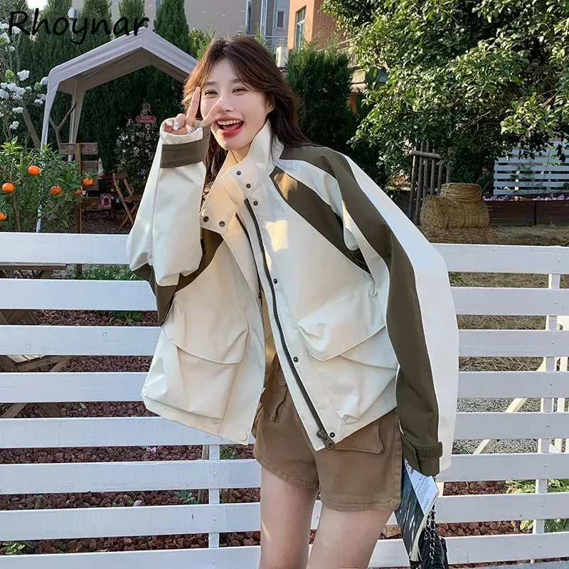 

Panelled Basic Jackets Women Autumn College Leisure Simple All-match Zippers Patchwork Fashion Korean Style Cargo Coats Popular