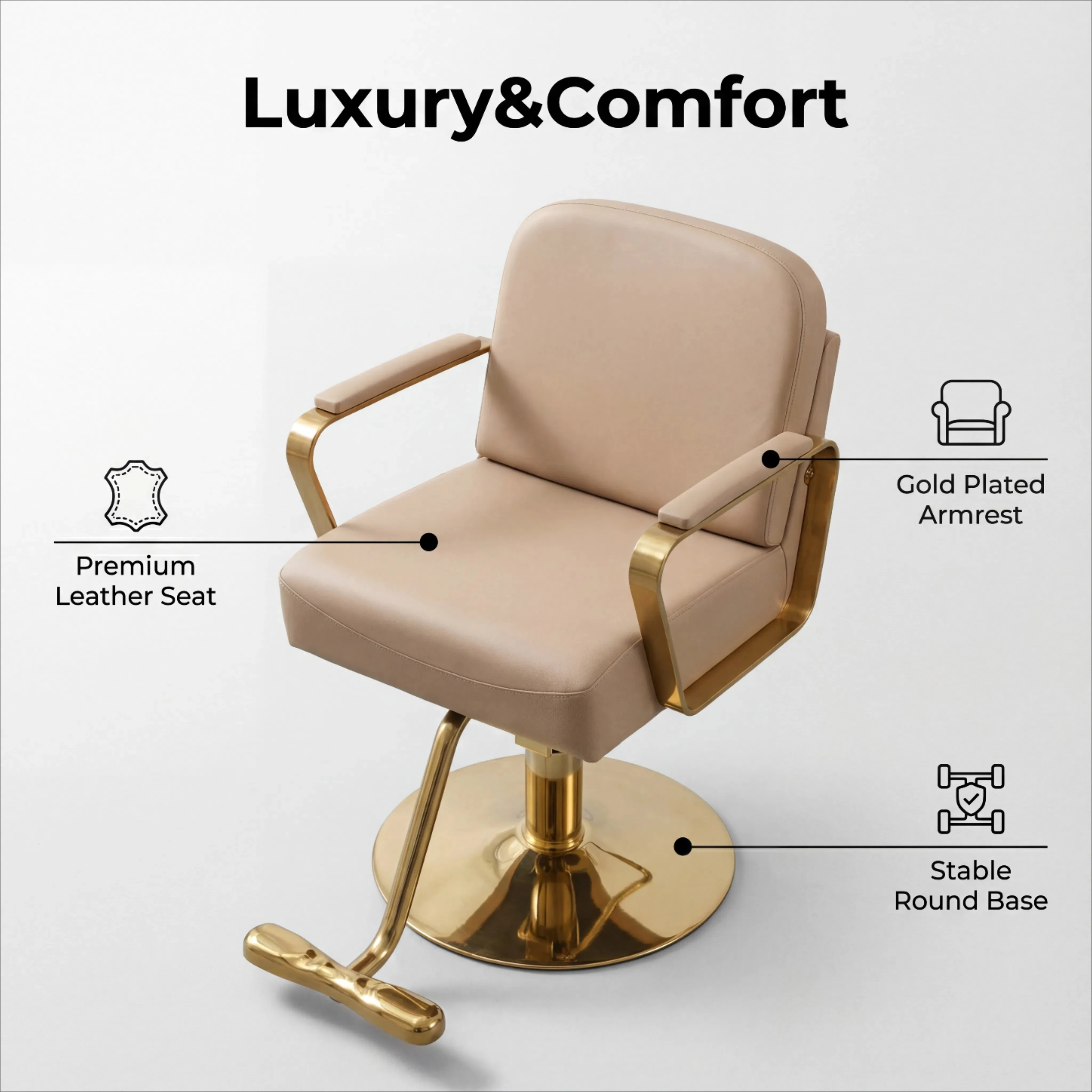Keyunshi Beige & Gold Salon Chair, Luxury Leather Hairdressing Chair with Plated Armrest & Stable Base for Beauty Salons
