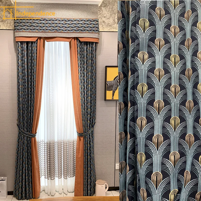 

High Grade Blue Gray Feather Jacquard Thickened Chenille Patched Curtains for Living Room Bedroom French Window Balcony Window