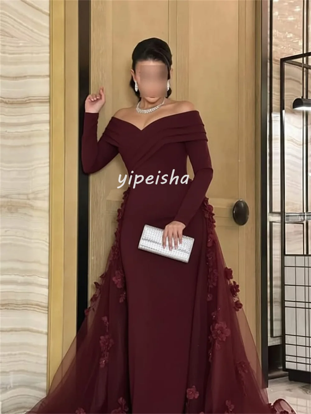 Sukienki na zamówienie, z wyrafinowanym, ręcznie robionym zdobieniem z kwiatów i koralików, drapowane, o kroju litery A, z odkrytymi ramionami, długie, sukienki na specjalne okazje, sukienki formalne.