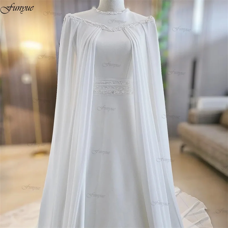 Funyue Elegant Muslim Wedding Gowns for Bride 2024 Arabic Islamic Dubai Long Sleeves Bridal Dress A-Line Chiffon Abito Da Sposa