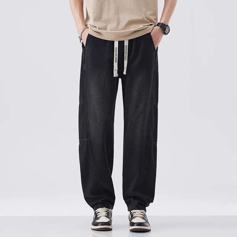 

Mens Retro Style Loose Curved Blade Wide Leg Jeans 2025 Autumn Winter Waist Drawstring Elastic Drapey Casual Pants Plus Size 4XL