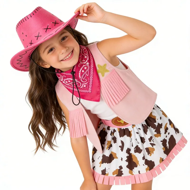 

Комплект костюма вестерн-ковбоя для девочек: жилет, шляпа, 4 предмета. Для ролевых игр, вечеринок, выступлений. Милый, аутентичный.