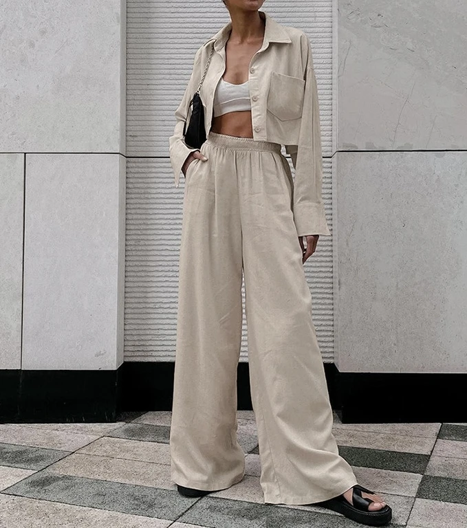 

Khaki Long-sleeved Shirt and Long Pants Casual Cotton and Linen Set 2025 New Style Fashionable Two-piece Women's Dress Set