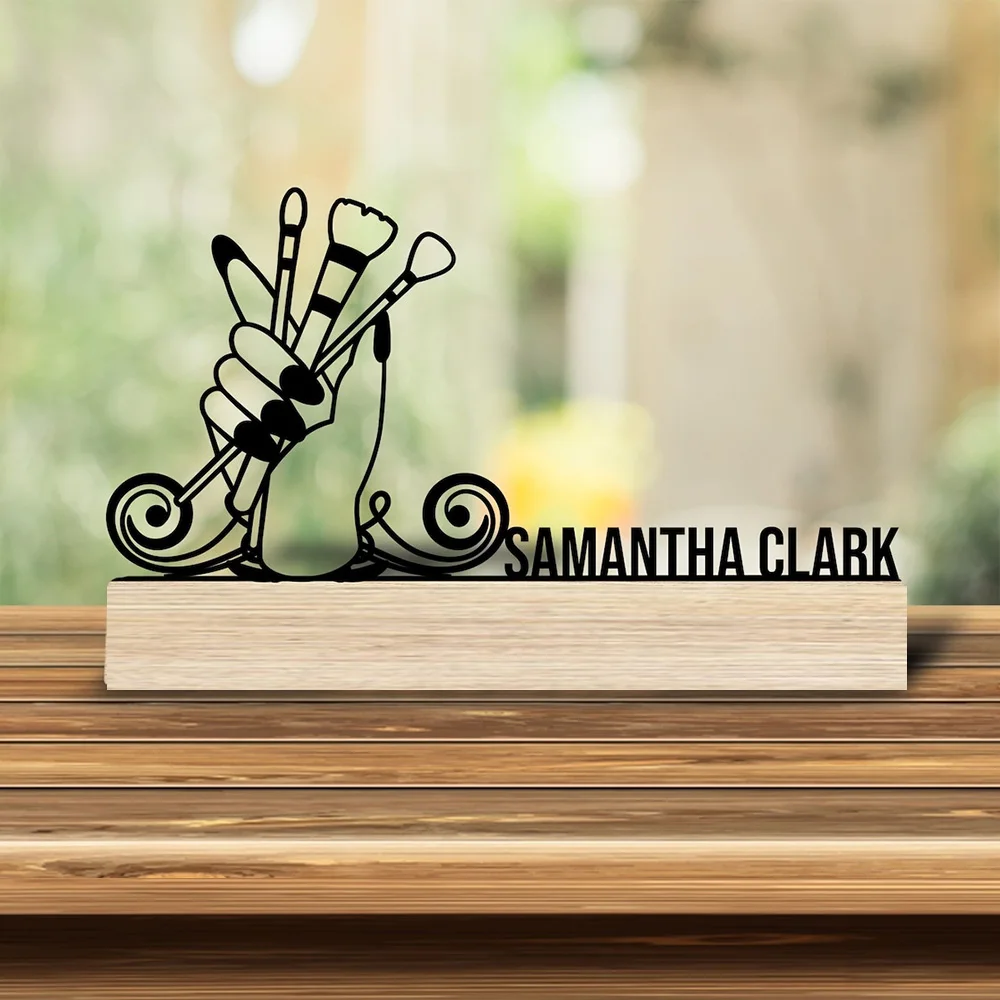 1pc Personalized Desktop Metal Ornaments Customizable Name With Wooden Base Bar Decoration, Holiday Gifts