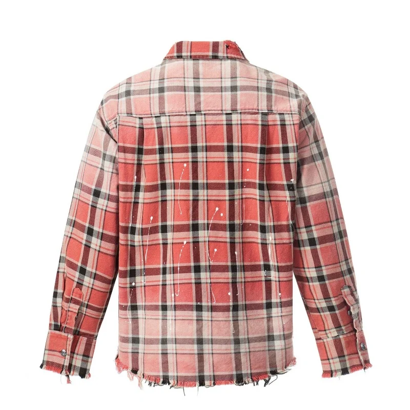 Men's Red Plaid Shirt Distressed Raw Edge with Splatter Print Streetwear Oversized Long Sleeve Grunge Casual Checkered Tops
