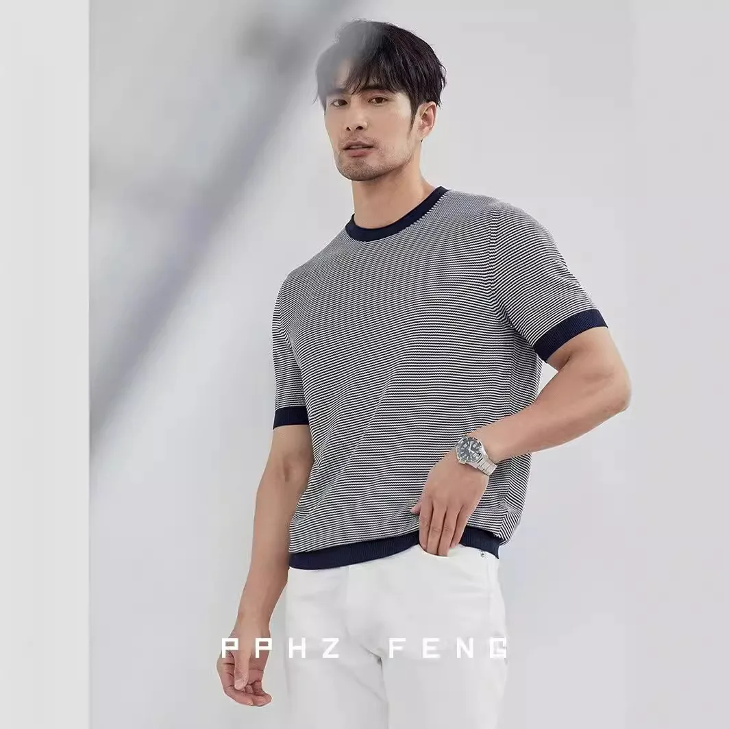 Ice Silk Crew Neck Knitted Sweater Short Sleeve Summer T-Shirt Pinstriped Half Sleeve Bottom Thin Contrasting T-Shirt