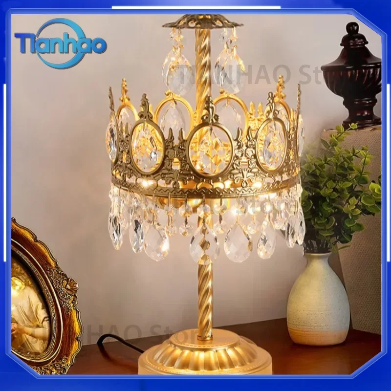 French Crown Brass Mid-Ancient European Table Lamp for Retro Creative Crystal Bedroom Bedside Lamp