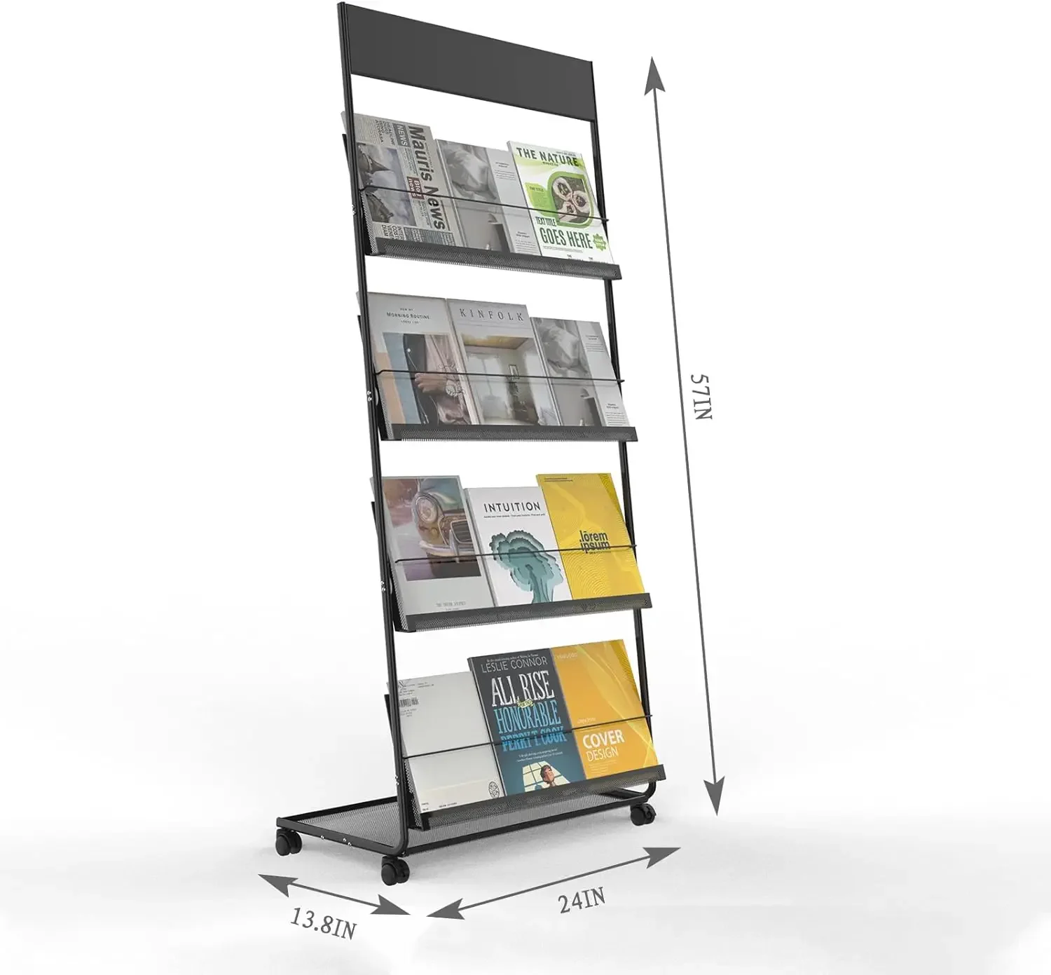 Magazine Rack: Floor-Standing 4-Layer with Wheels, Brochure Display Stand, High-hardness metal for Exhibitions, Office, and Any