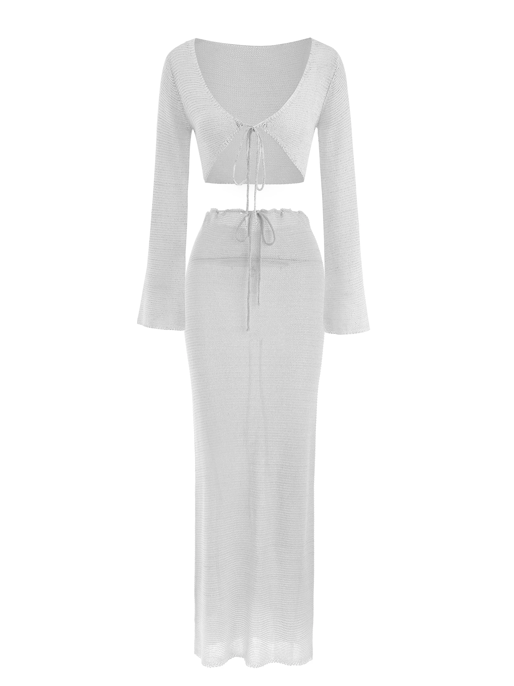 Solid Colour Sexy Beachwear Swimsuit Cover Up Knit Two-piece 2025 Summer Women's Big Bell Sleeve Lace-up Top Long Skirt Set K128