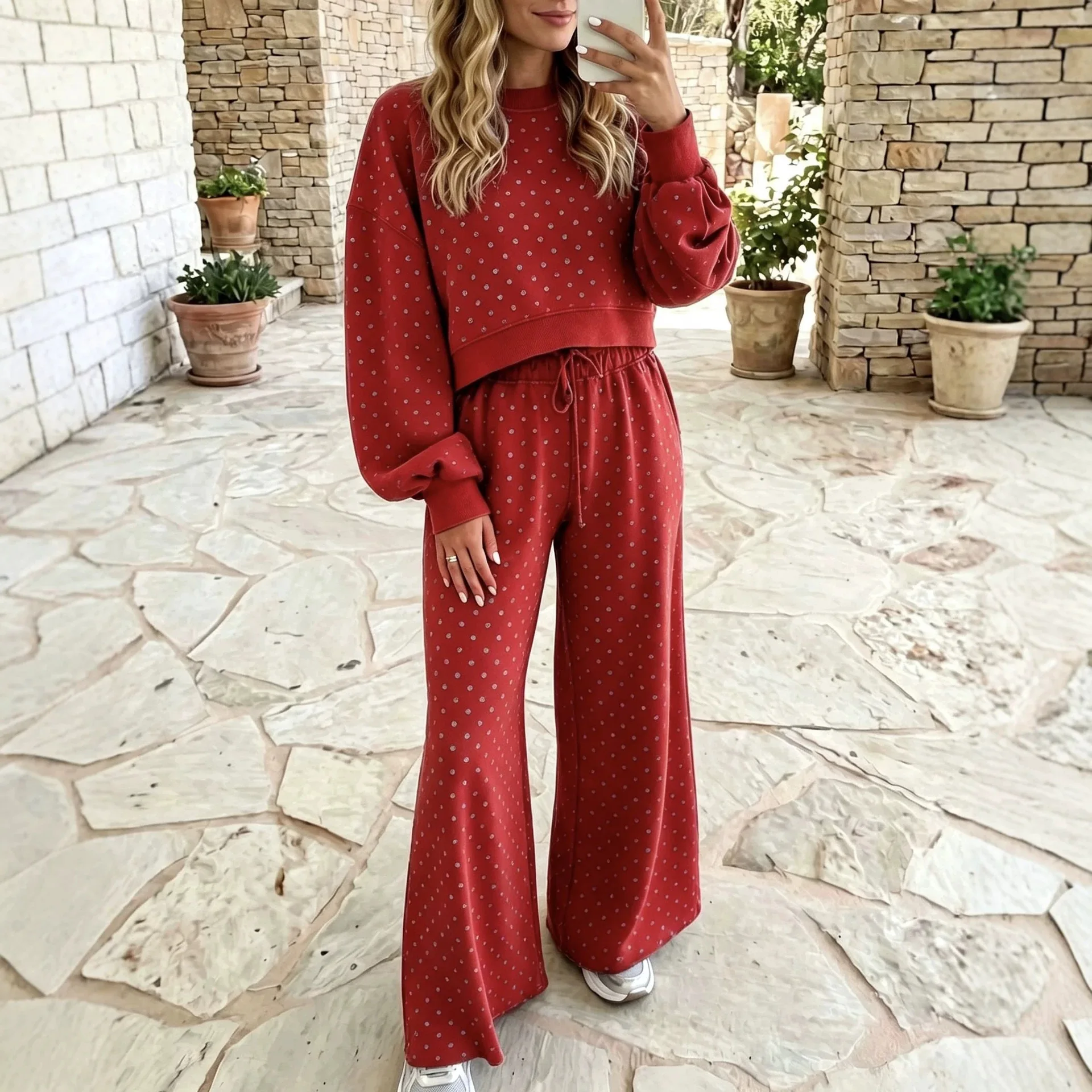 2026 Fall/winter New High-waisted Loose-fitting Polka Dot. Print Wide-leg Pants. Set For Women. Dress Elegant Party Bandage