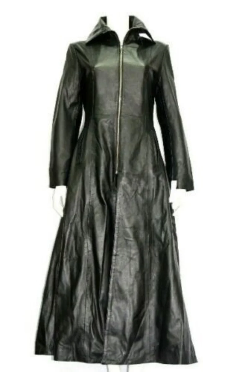 Women Leather Dress Genuine Leather Ladies Long Trench Overcoat Dress Coats and Jackets Women