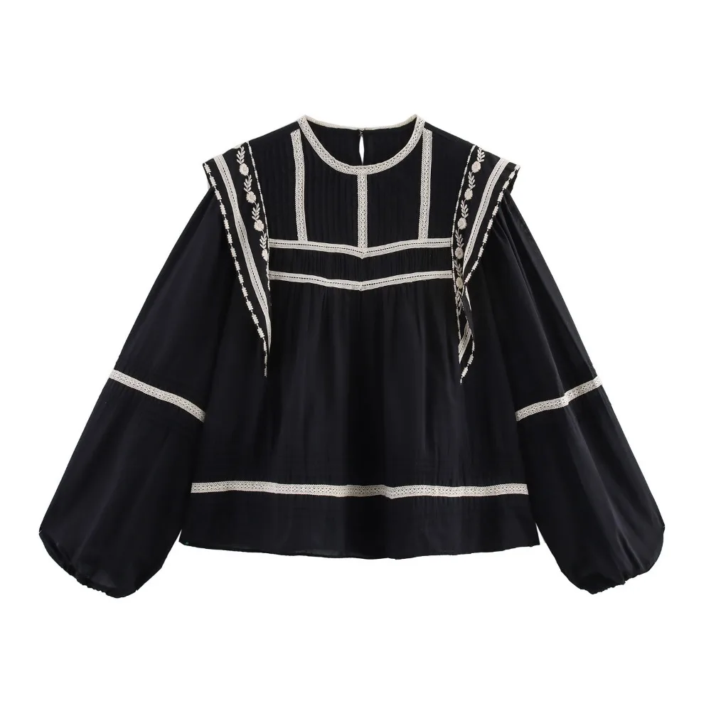 

ZBZA Women's Embroidered Cropped Shirt Loose O-neck Lantern Sleeves Back Button Contrast Color Casual Blouse Summer New Chic Top