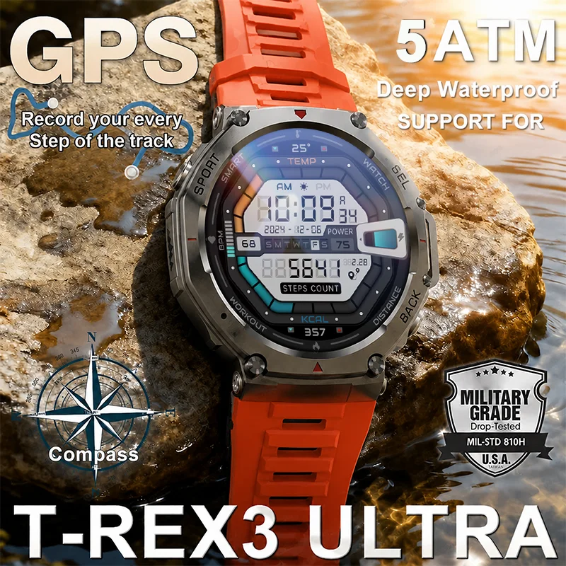 LIGE For T-Rex 3 Ultra Military Grade GPS Smart Watch 5ATM Waterproof Compass Altimeter Barometric AMOLED Men Call Sport Watches