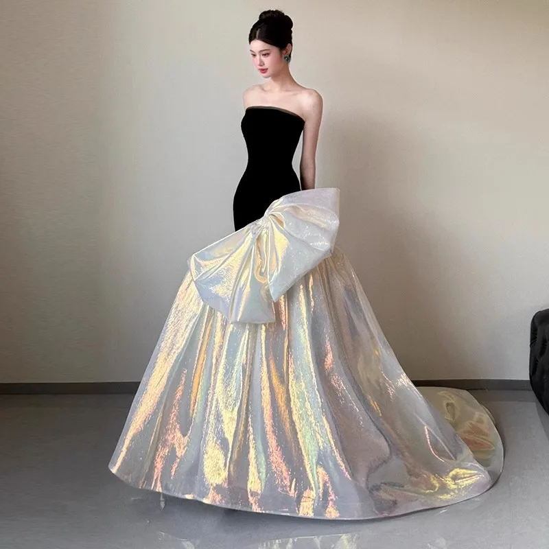 Abiti da Sera a Sirena Senza Spalline Neri Eleganti in Velluto con Fiocco Oversize Abito da Cerimonia Personalizzato Abiti da Sposa Lunghi