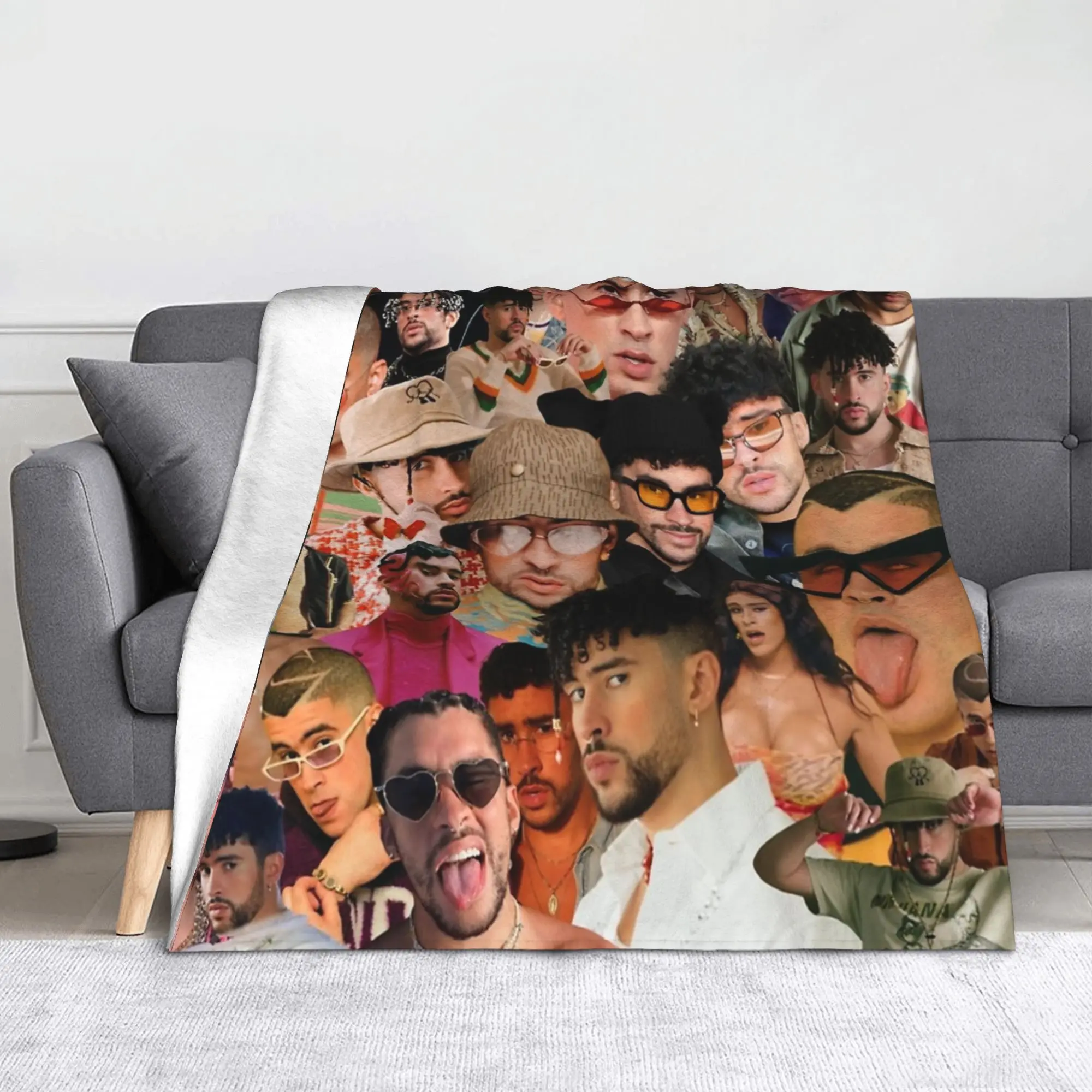 Bad Bunny Collage Puerto Rico Blankets Flannel Print  Breathable Lightweight Throw Blankets for Bed Outdoor Bedspread