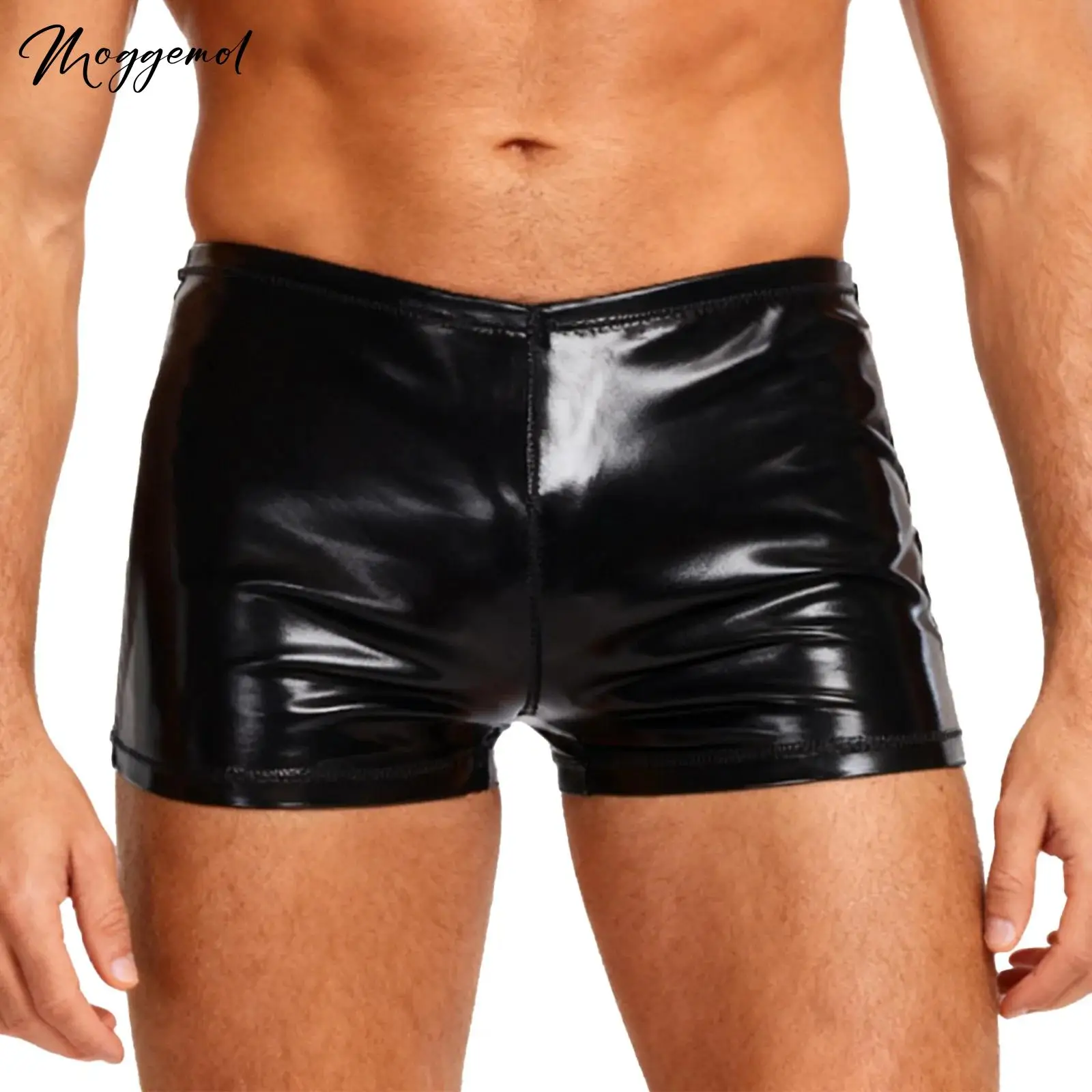 Mens Latex PVC Shiny Leather Solid Shorts Bulge Pouch Boxer Briefs Underpants Underwear Short Pants for Pole Dance Party Club
