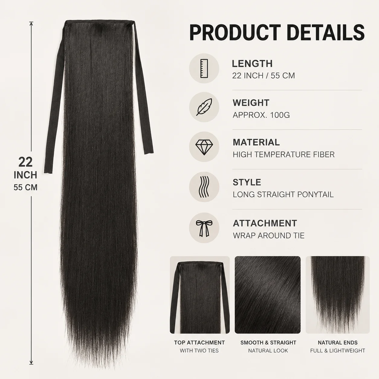 22 Inch Long Straight Ponytail Extension 1B Black Wrap Around Tie On Synthetic Hairpiece Smooth High Temperature Fiber for Women