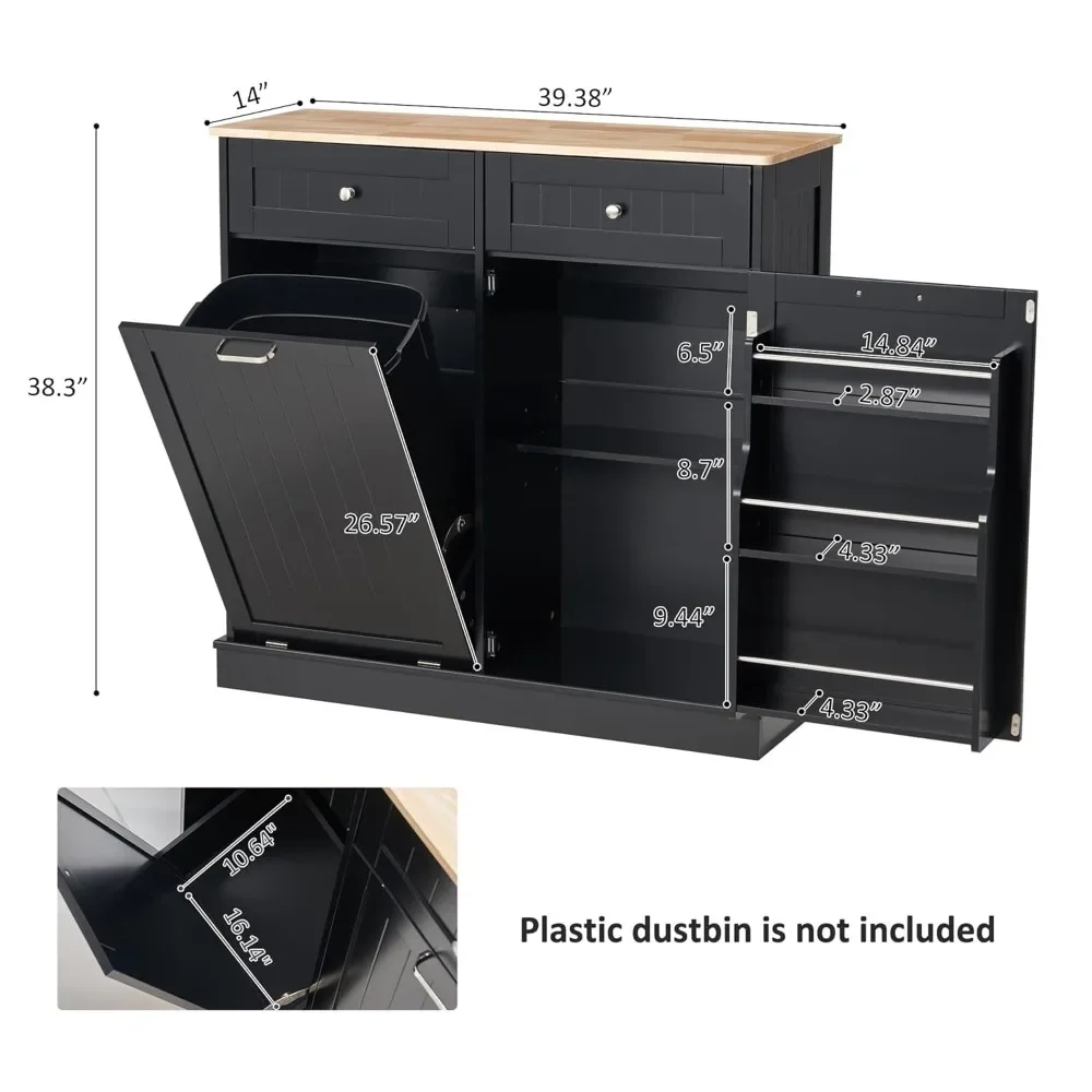 13 Gallon Tilt Out Trash Bin Cabinet with 2 Drawers, Adjustable Shelves,50 Quart Kitchen Pantry Storage Cabinet with Garbage