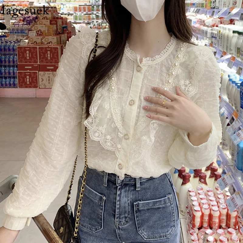 

Spring Stand Collar Button Up Ladies Shirts 2022 Sweet Ruffle Patchwork Lace Blouse Women Apricot Loose Long Sleeve Tops 18942