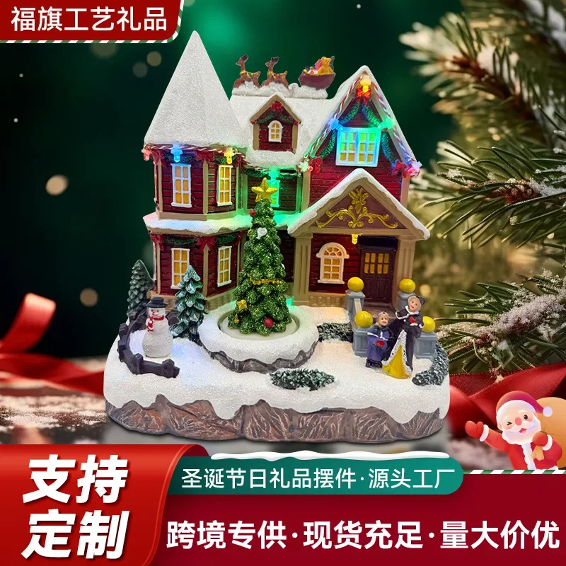 

New 2025 Christmas Resin Ornament with Glowing Musical Snow Scene House Window Desktop Decoration Gift