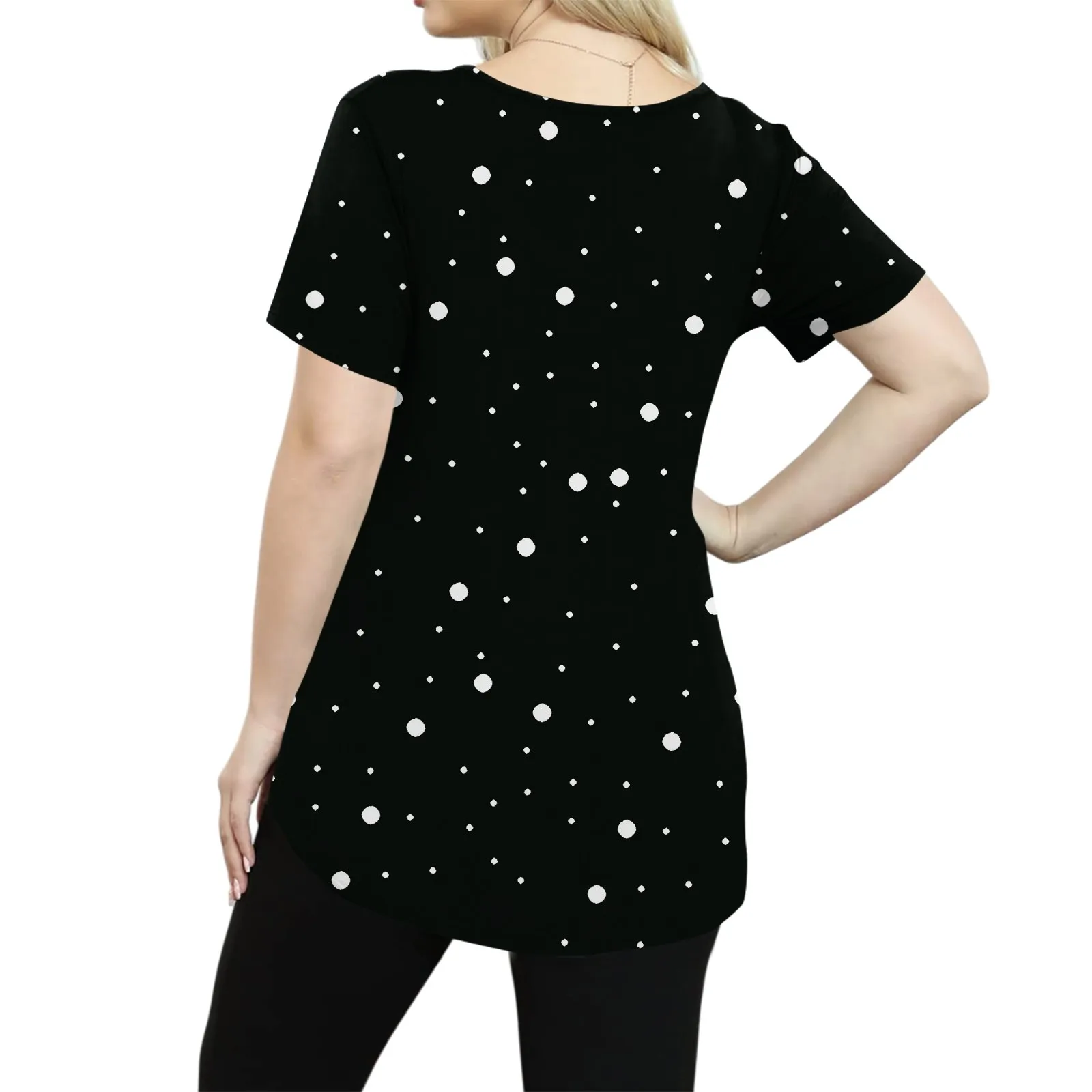 Plus size v-neck short-sleeved T-shirt women's fashionable retro polka dot print top summer loose plus sized t shirts top