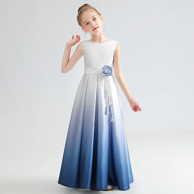 Dideyttawl Gradient Color Long Satin Formal Dress For Girls Blue Sleeveless Elegant Pleated Junior Bridesmaid Dresses