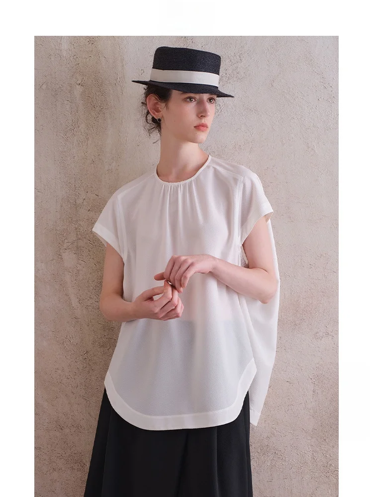 

Travel Original Texture Acetate ort Sve irt Unique mat Women's Summer New Artistic Top round Ne Button Detail