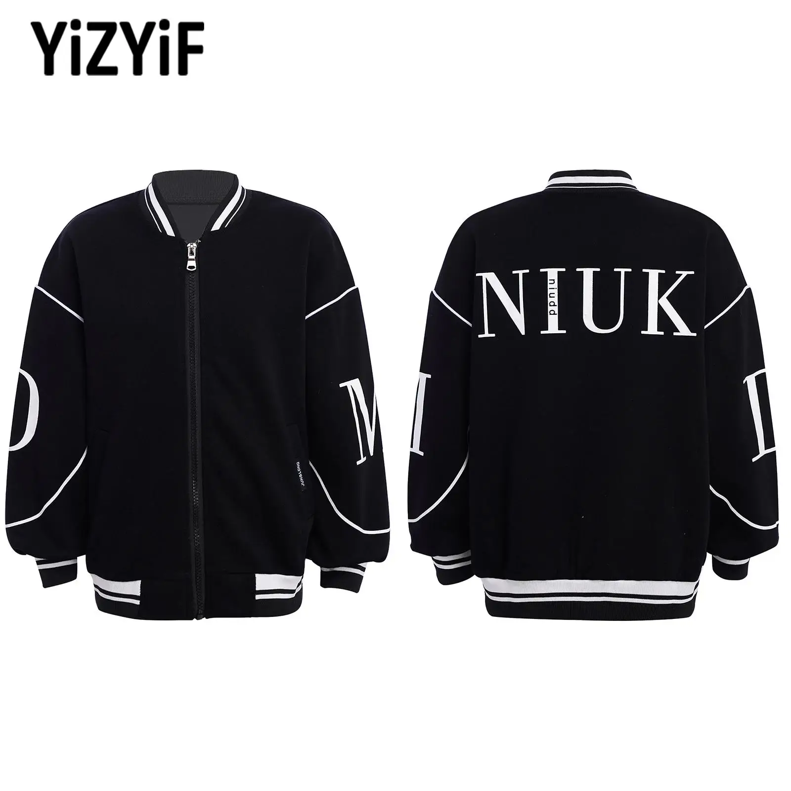 

Black Kids Boys Baseball Jacket Stylish Letter Print Coat Outerwear for Children Casual Sports Workout Exercise Tops Costumes