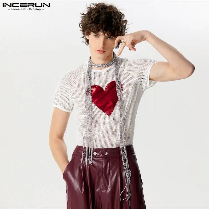 INCERUN Tops 2024 American Style Fashion New Men Hollow Heart Pattern Splicing Camiseta Personality Short Sleeved T-shirts S-5XL