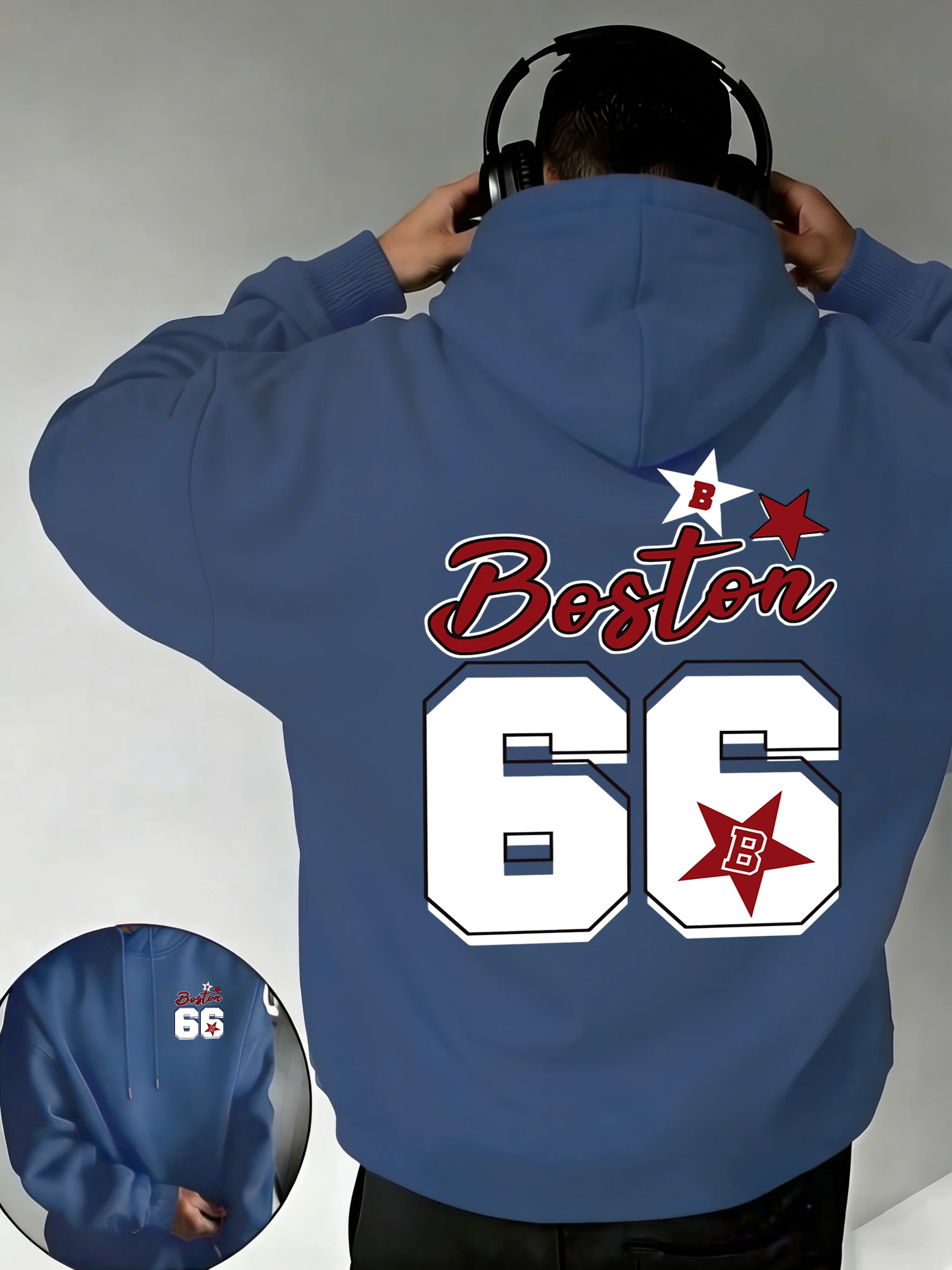 

Мужские худи Boston Number 66 Star Printing: повседневные осенние толстовки с карманами, свободные пуловеры в стиле хип-хоп, флисовые топы, базовые модели с длинным рукавом