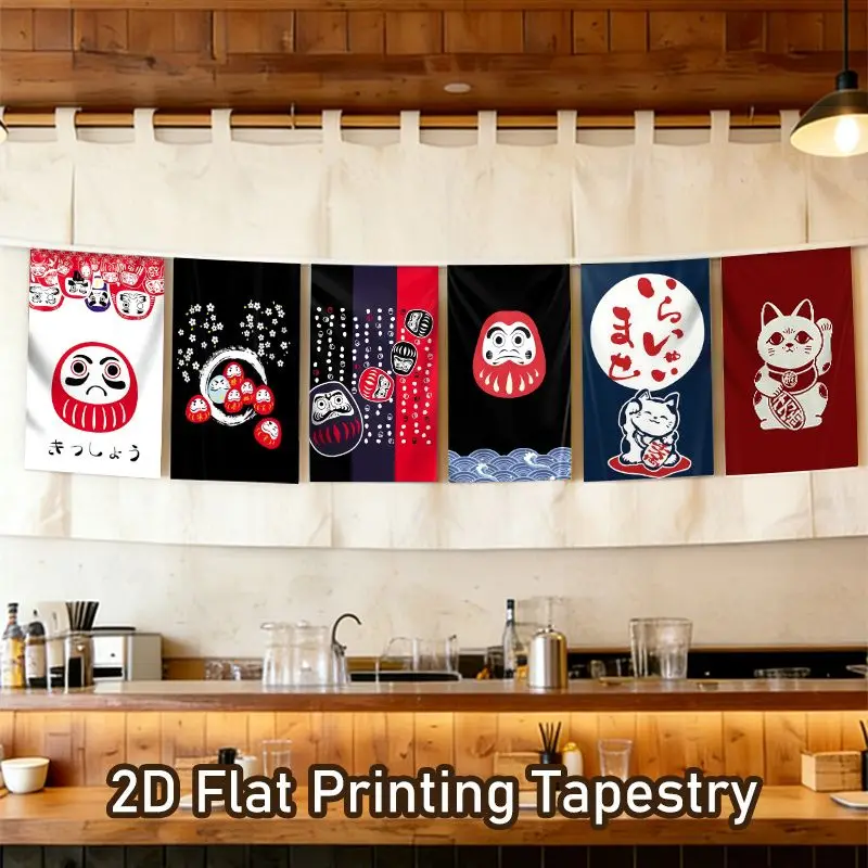 VIKAMA Japanese-Style Auspicious Blessing Bunting, Daruma and Maneki-neko Patterned String Flags, Kitchen Wall and Home Decor