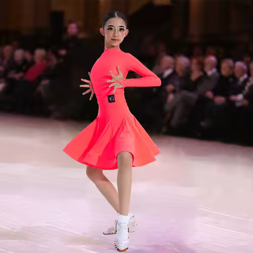 Girls Latin Dance Competition Clothing Glossy Fabric Long Sleeves Dance Dress Kids Cha Rumba Dance Practice Training Wear - Image 19