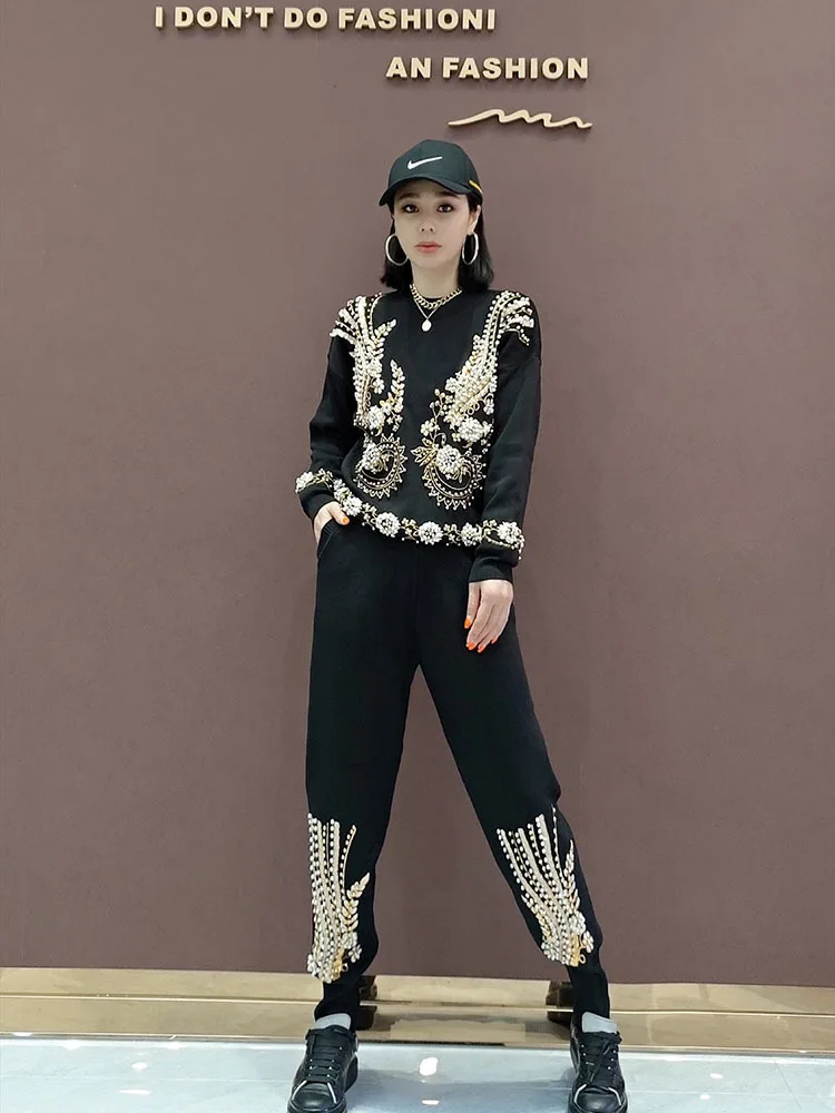 High quality sequins beading knit suits female heavy industry beading flowers long sleeve sweater + pant two pieces sets