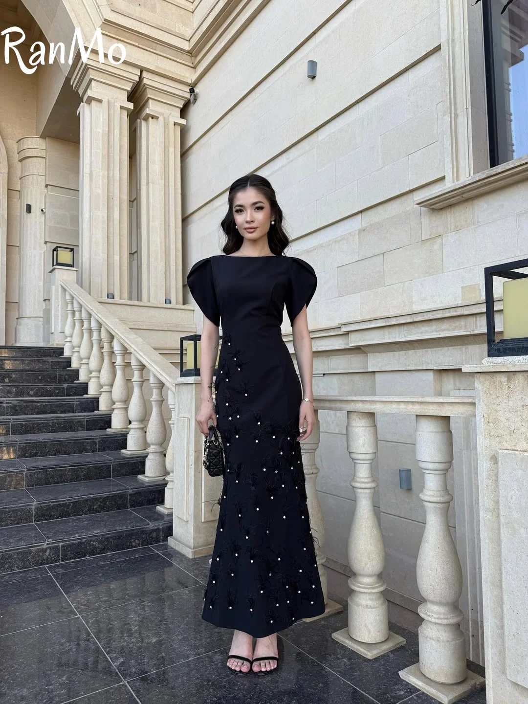 Ranmo 2025 Feather Pearl Long Dress Elegant Black Waist Mermaid Evening Dresses Beaded Slanted Shoulder Ankle Length Customsied