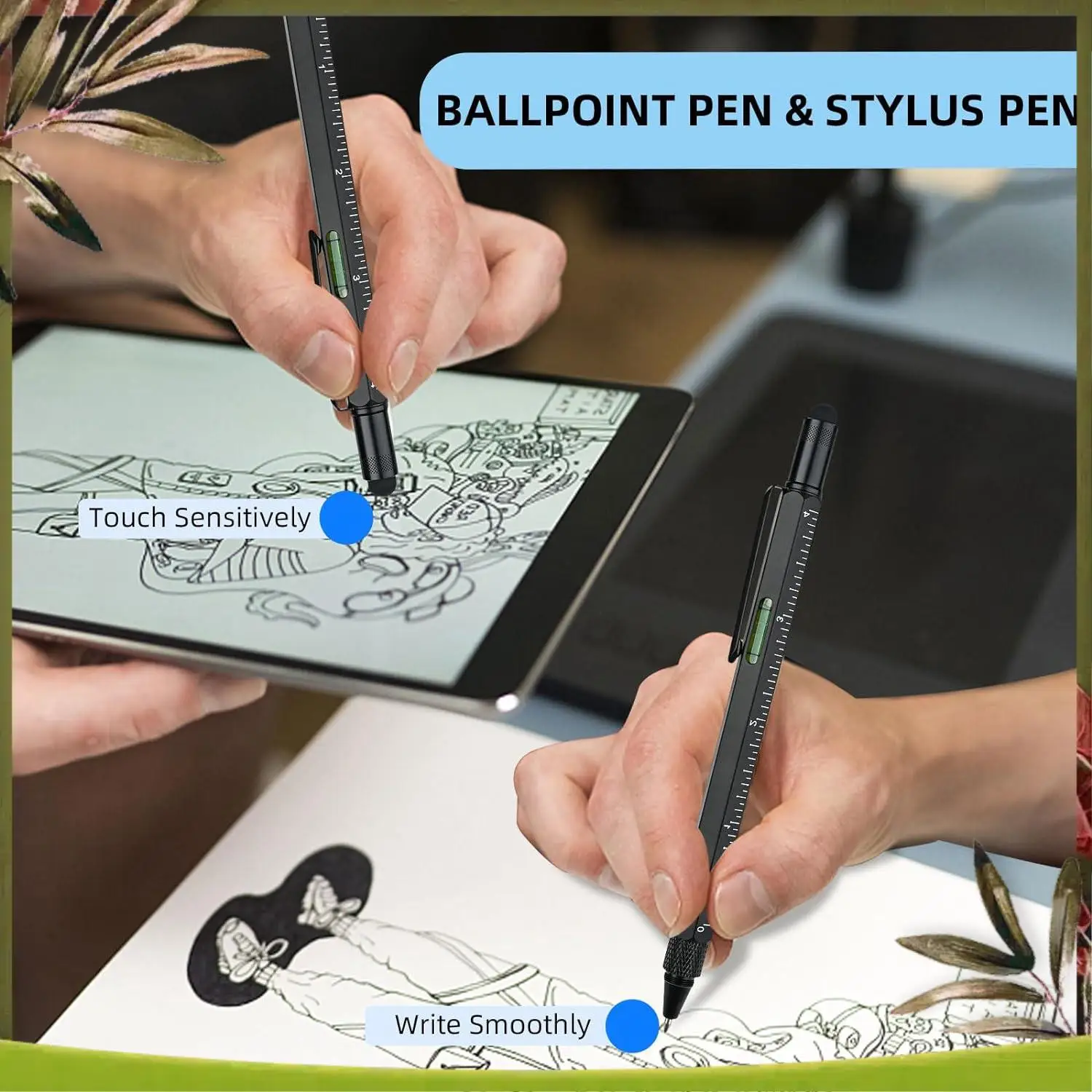 

New-Multitool Pen Cool Gadgets, Novelty Pen With Stylus, Level, Rulers, Screwdrivers, Birthday Gifts For Dad Husband Black Durab