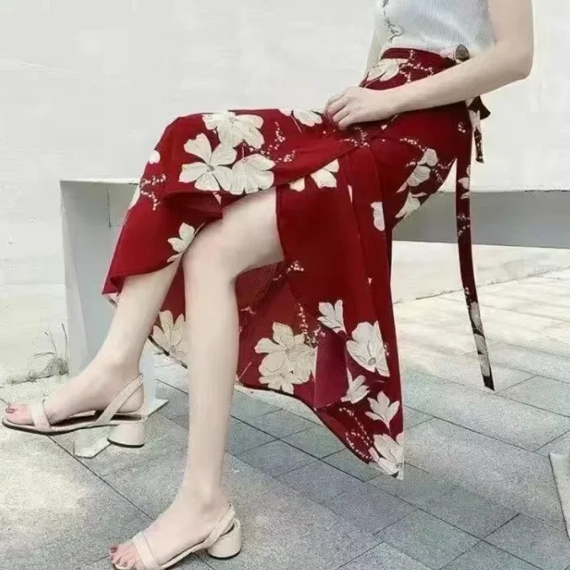 New Women's One-Piece Floral Print Skirt High Waist Wrap Chiffon Beach Dress with Tie Waist Summer Vacation Boho Style