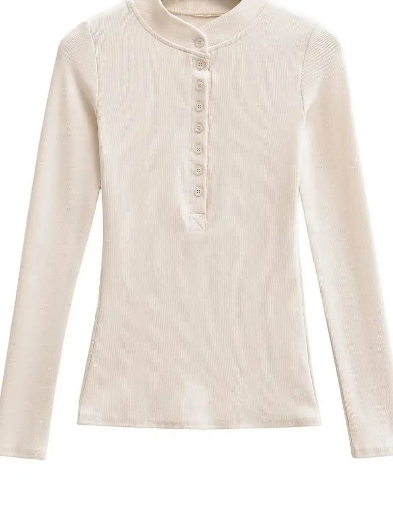 

2026 Autumn New Stand Collar Single Breasted Long Sleeve Pullover Women Simple Solid Color Slim Casual Versatile Knit Top RF1L
