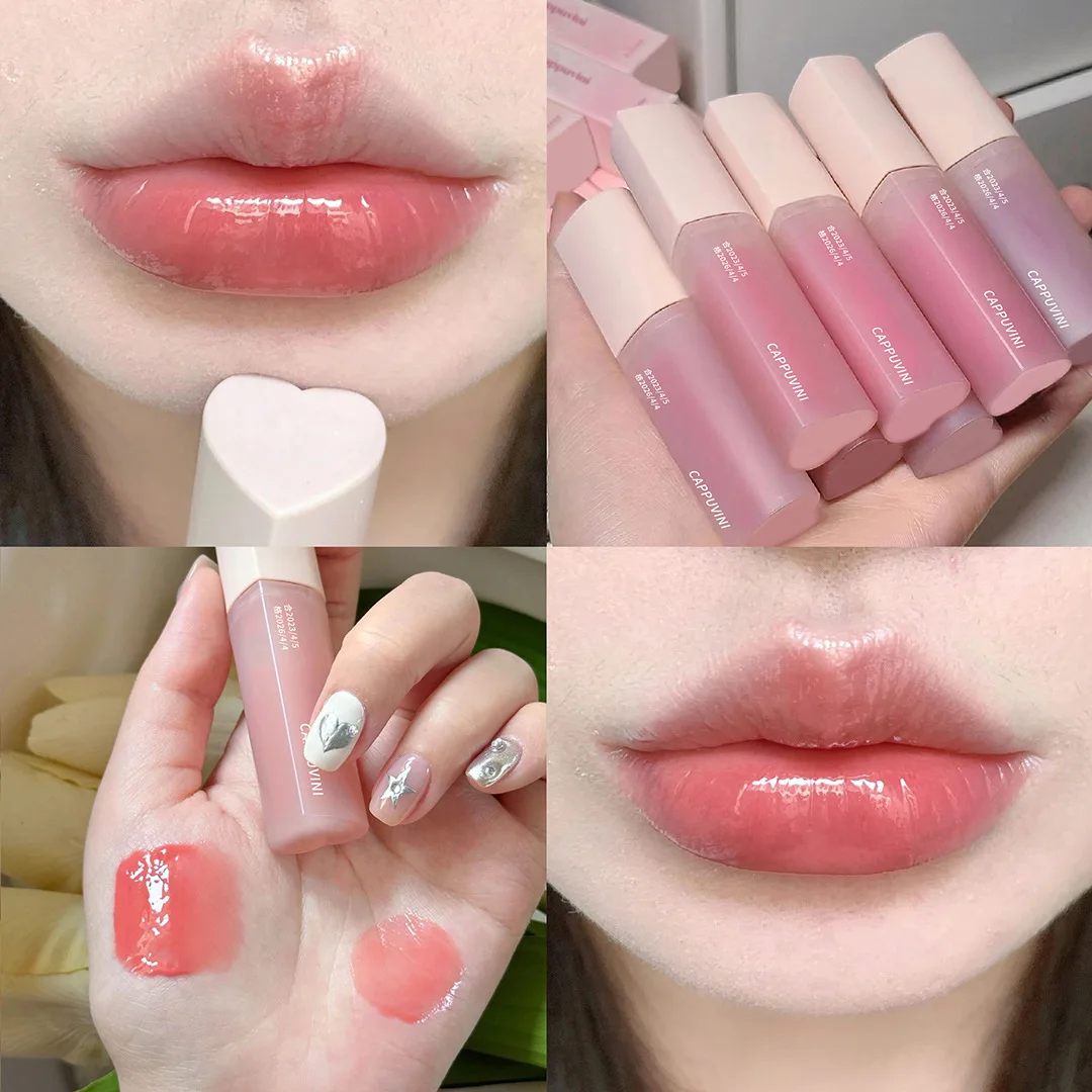 รูปหัวใจสีชมพู Lip Glaze Mirror ลิปสติกให้ความชุ่มชื้นยาวนานเงาเซ็กซี่ Lip Tint แก้วสีแดงหญิง Plumper แต่งหน้า